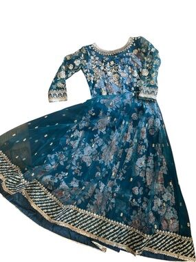 LASHKARAA  Indian Teal Green Indie Embellished Sheer Layered Floral Dress